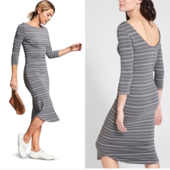 Athleta COMEBACK MIDI DRESS Long Sleeve Solid Gray Deep Scoop Back Side … - Picture 1 of 8